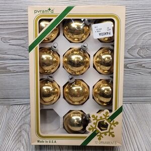 11 Gold Shiny Brite Christmas Tree Ornaments Made USA Christmas Pyramid Box‎ MCM